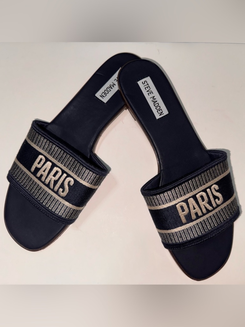 Steve Madden Navy Blue 'PARIS' Embroidered Slide Sandals - 8 - Picture 2 of 5